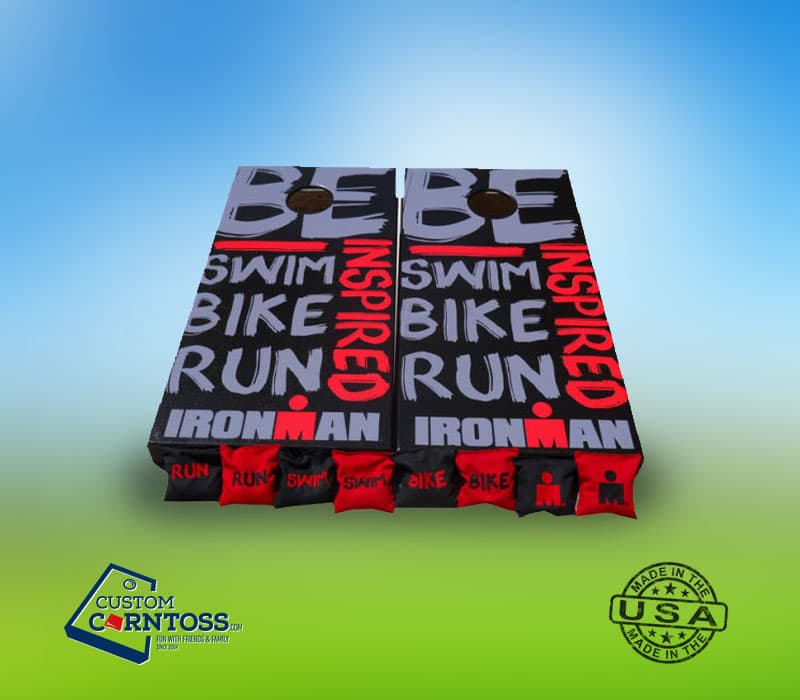Ironman Swim Bike Run Wrap Cornhole Boards and Bags
