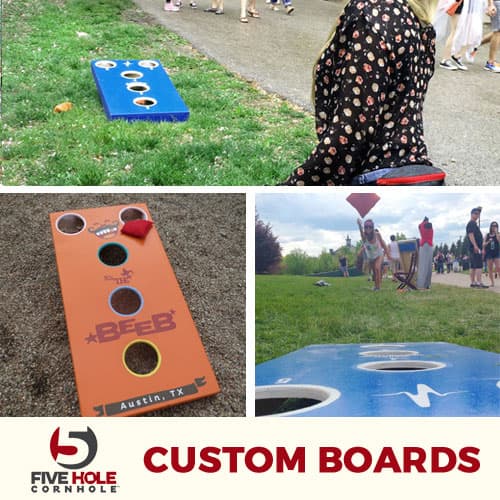 Collage of custom 5-hole cornhole boards in blue and orange designs played outdoors