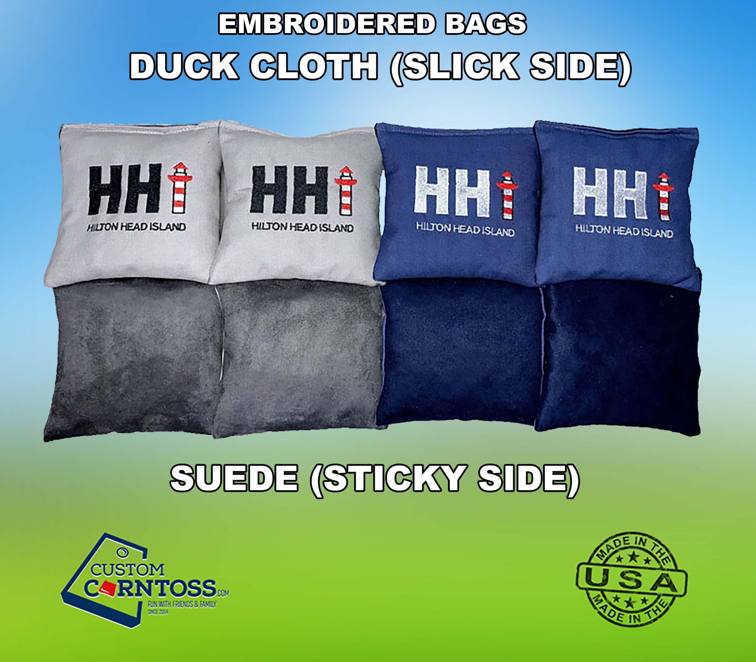 Custom embroidered cornhole bags with the Hilton Head Island logo, duck cloth slick side and suede sticky side