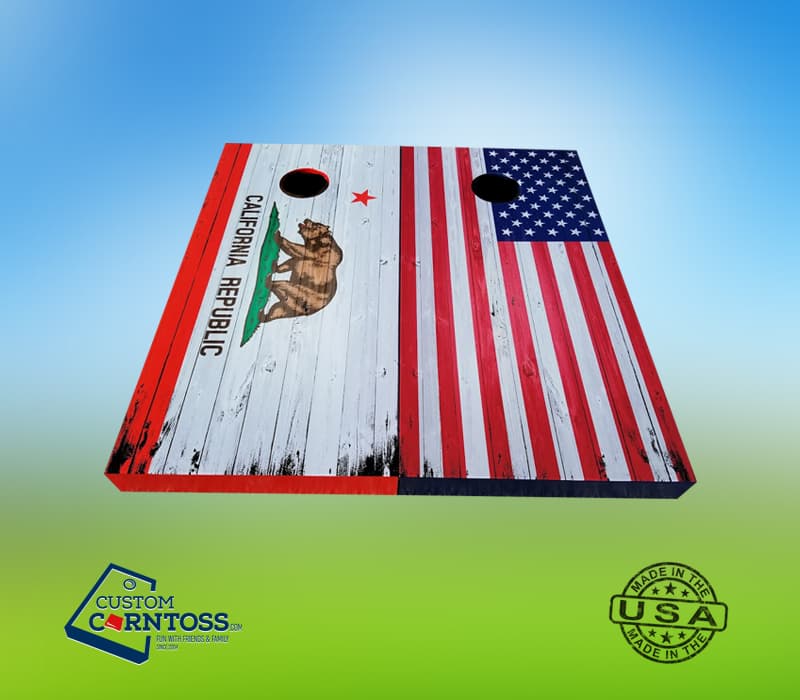 Custom cornhole wrap boards printed with California Republic and American flag designs