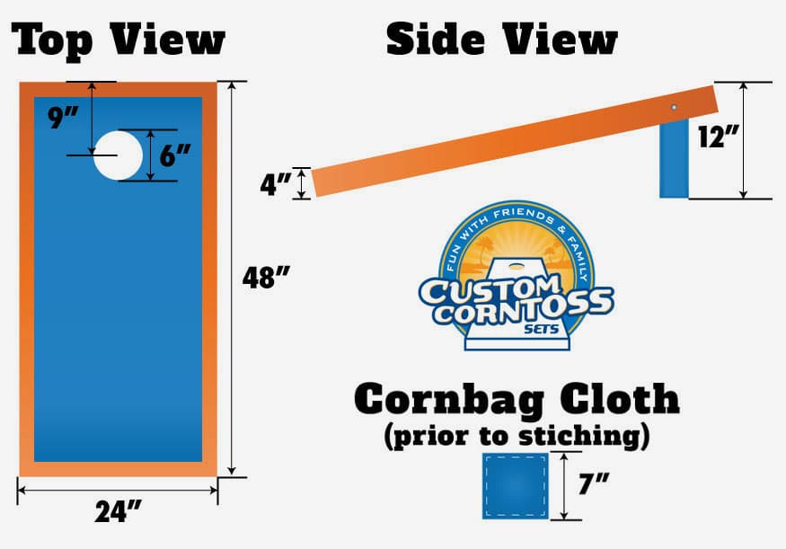 Regulation cornhole board dimensions diagram: 24" wide by 48" long, 6" hole centered 9" from the top, front edge 4" and back edge 12" off the ground